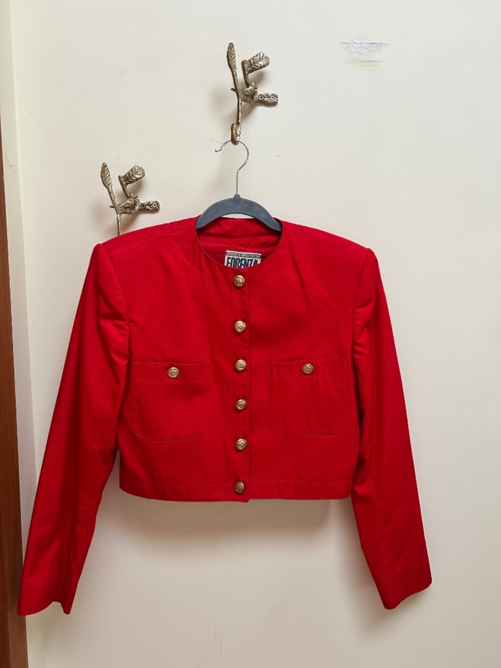 Vintage Forenza Red Cropped Jacket – Gold Button Military Style Blazer